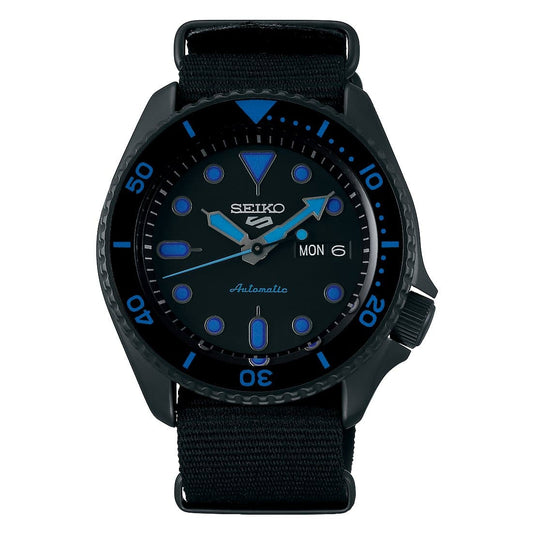 Seiko 5 Sports 100M Automatic Men's Watch Blue Hands Index Stealth All BLACK Nylon Strap SRPD81K1