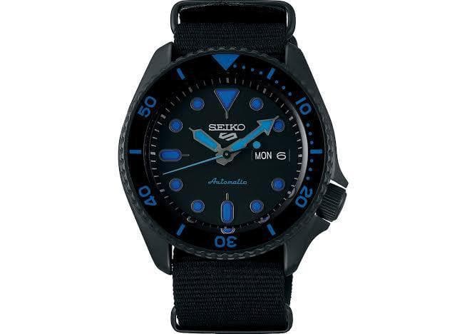 Seiko 5 Sports 100M Automatic Men's Watch Blue Hands Index Stealth All BLACK Nylon Strap SRPD81K1