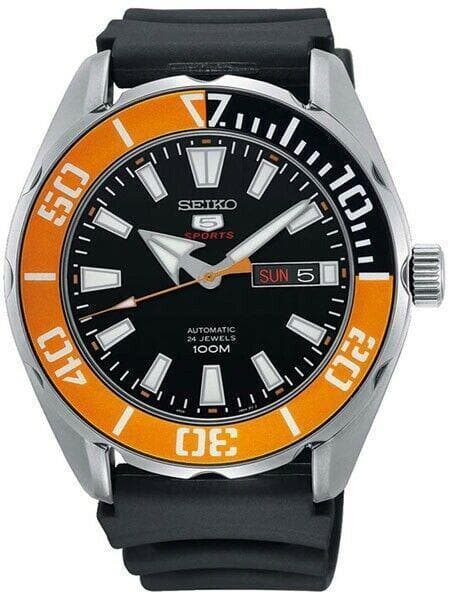 Seiko 5 Sports 100M Black Dial Orange Bezel Men's Rubber Strap Watch SRPC59K1