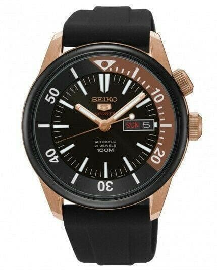 Seiko 5 Sports 100M Black Dial Rose Gold Plated Case Rubber Strap Watch SRPB32K1