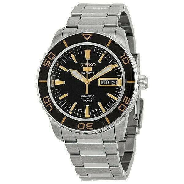 Jewelry & Watches:Watches, Parts & Accessories:Wristwatches - Seiko 5 Sports JAPAN Made Black With Gold Bezel 55 Fathoms Men's Watch SNZH57J1