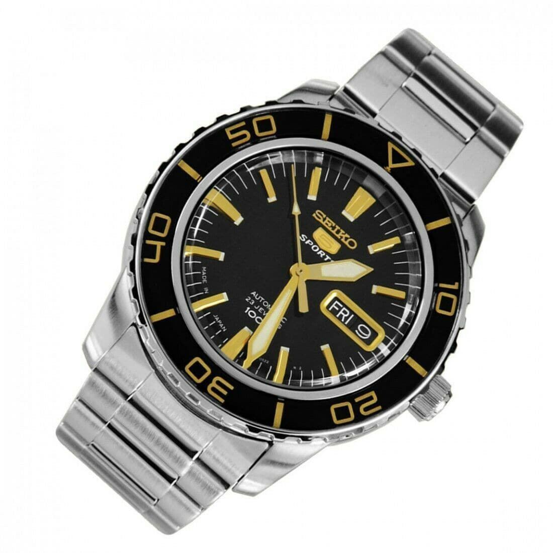 Jewelry & Watches:Watches, Parts & Accessories:Wristwatches - Seiko 5 Sports JAPAN Made Black With Gold Bezel 55 Fathoms Men's Watch SNZH57J1