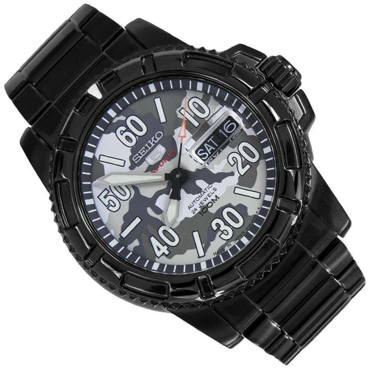 Seiko 5 Sports Japan Made Military 100M Camo Black Automatic Men's Watch SRP225J1