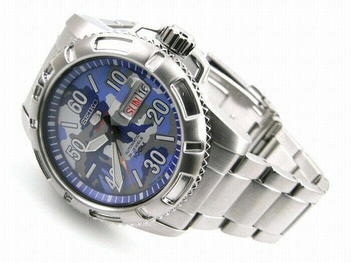 Seiko 5 Sports Japan Made Military 100M Camo Blue Dial Automatic Watch SRP223J1