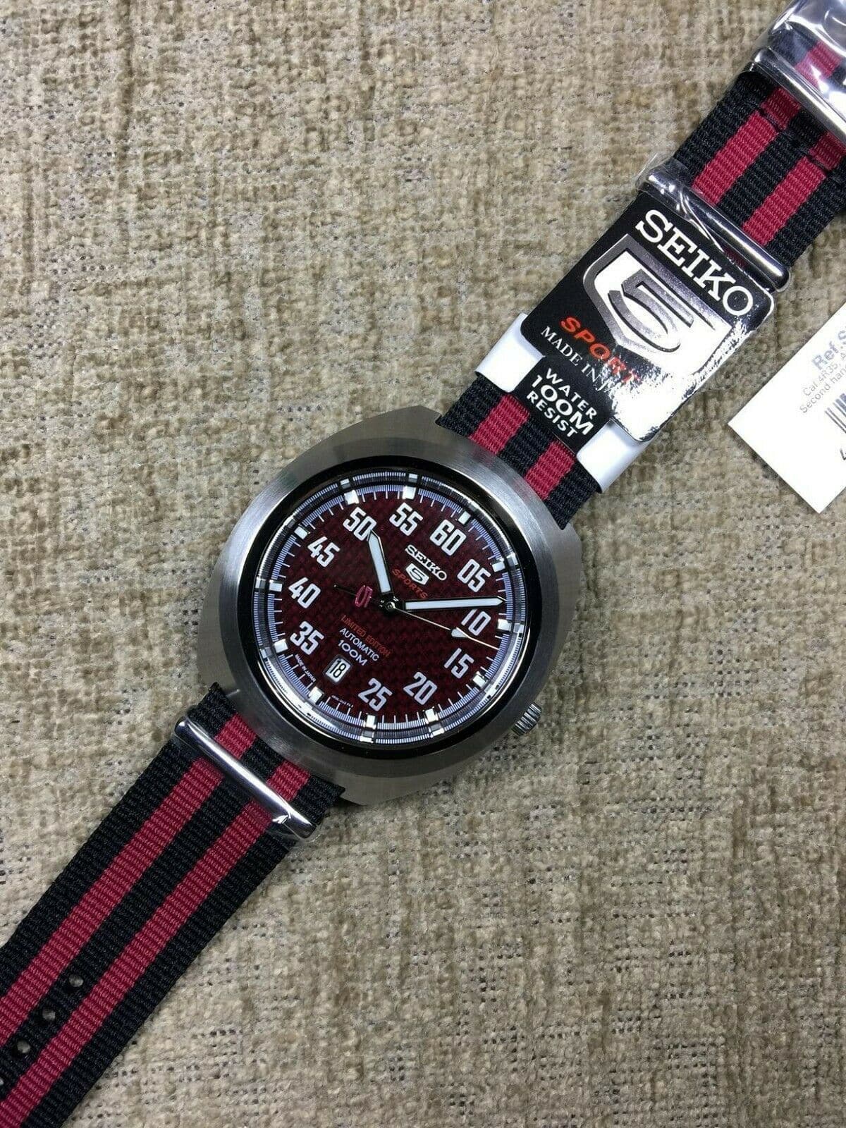 Seiko 5 Sports Japan Made Limited Edition Red Carbon Fiber Dial Helmet Turtle Watch SRPA87J1