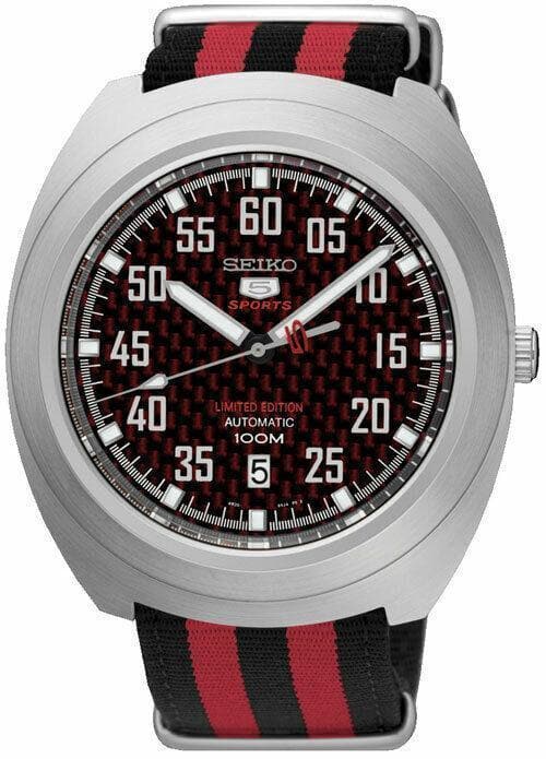 Seiko 5 Sports Red Carbon Fiber Dial Limited Edition Helmet Turtle Watch SRPA87K1