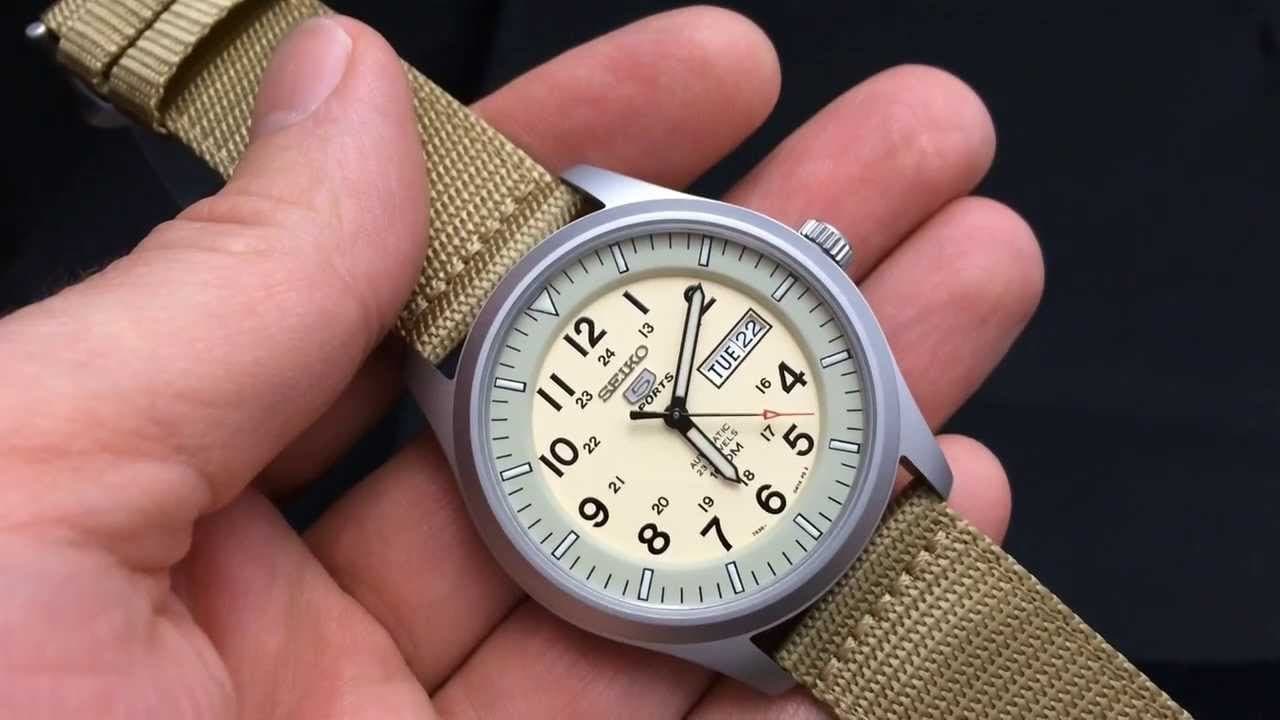 Seiko 5 Sports Military 100M Automatic Men's Watch Creme Tan Canvas Nylon Strap SNZG07K1 - Diligence1International