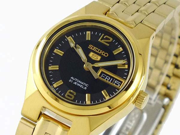 Seiko 5 Classic Ladies Size Black Dial Gold Plated Stainless Steel Strap Watch SYMA40K1 - Diligence1International