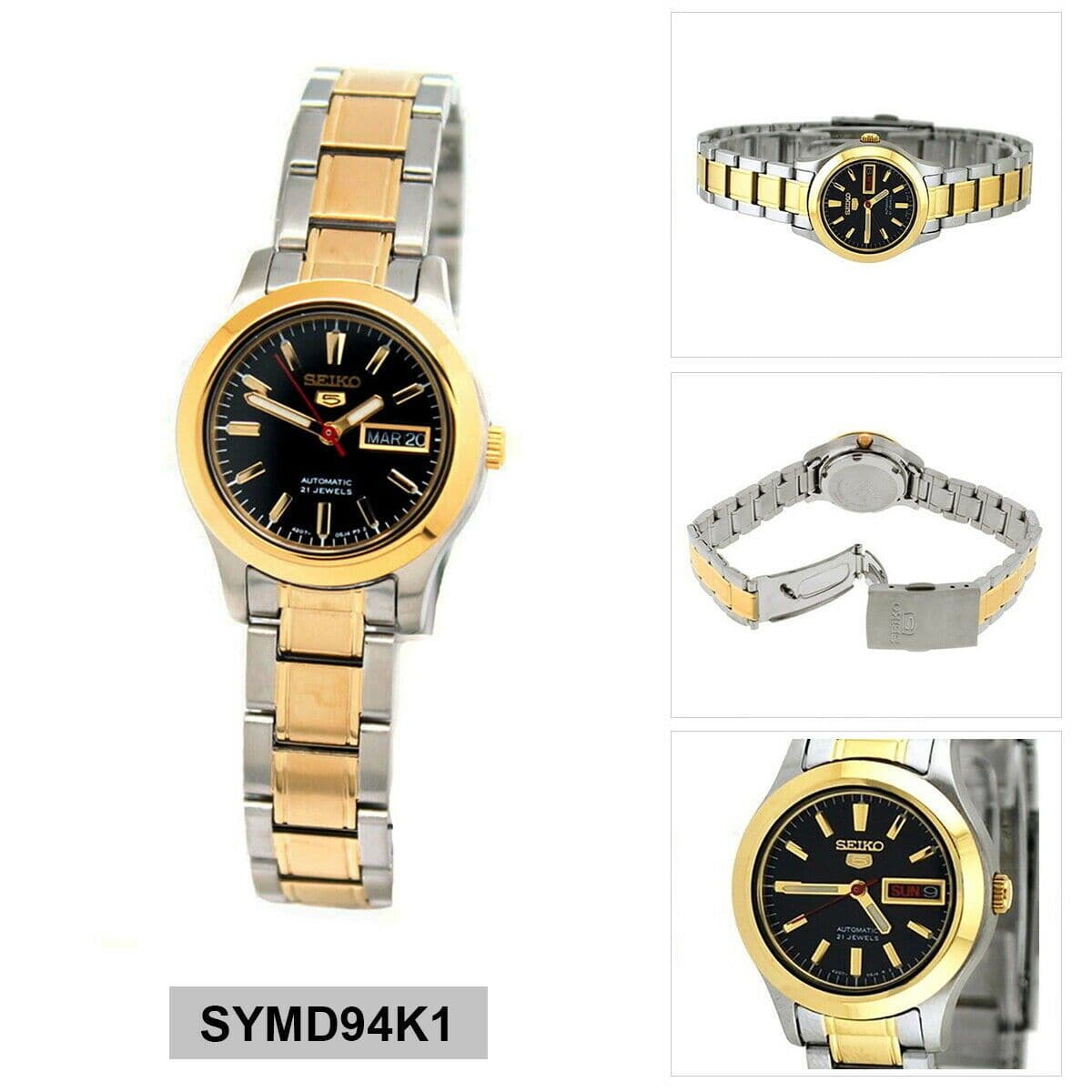 Seiko 5 Classic Ladies Size Black Dial 2 Tone Gold Plated Stainless Steel Strap Watch SYMD94K1 - Diligence1International