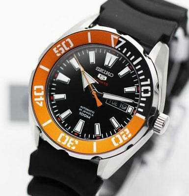 Seiko 5 Sports 100M Black Dial Orange Bezel Men's Rubber Strap Watch SRPC59K1 - Diligence1International