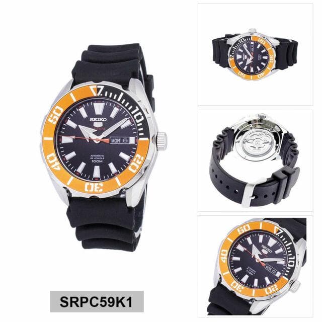 Seiko 5 Sports 100M Black Dial Orange Bezel Men's Rubber Strap Watch SRPC59K1 - Diligence1International