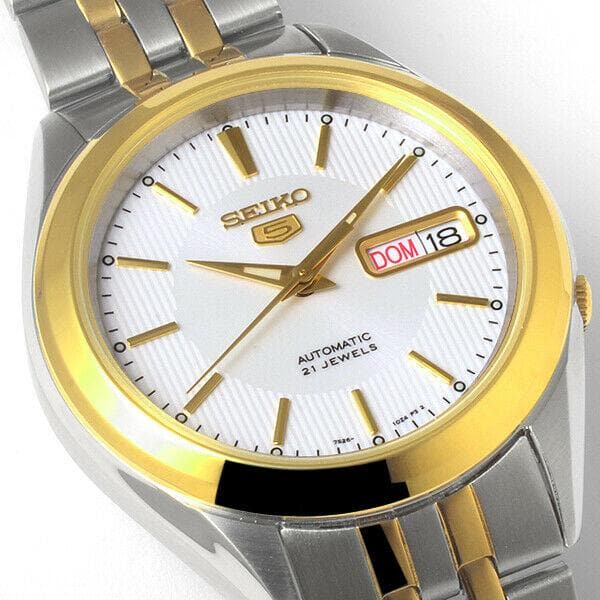Seiko 5 Classic Mens Size Silver Dial 2 Tone Gold Plated Stainless Steel Strap Watch SNKL24K1 - Diligence1International