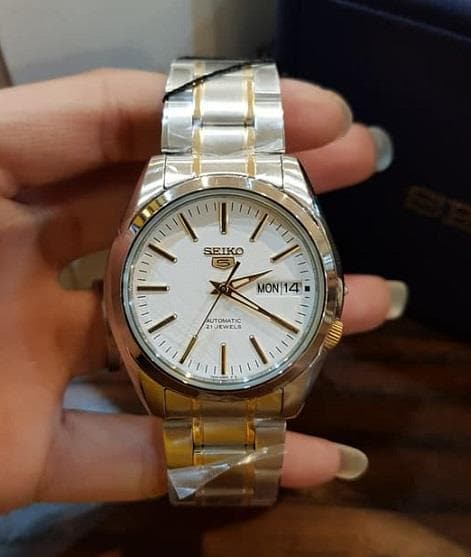 Seiko 5 Classic Mens Size White Dial 2 Tone Gold Plated Stainless Steel Strap Watch SNKL47K1 - Diligence1International