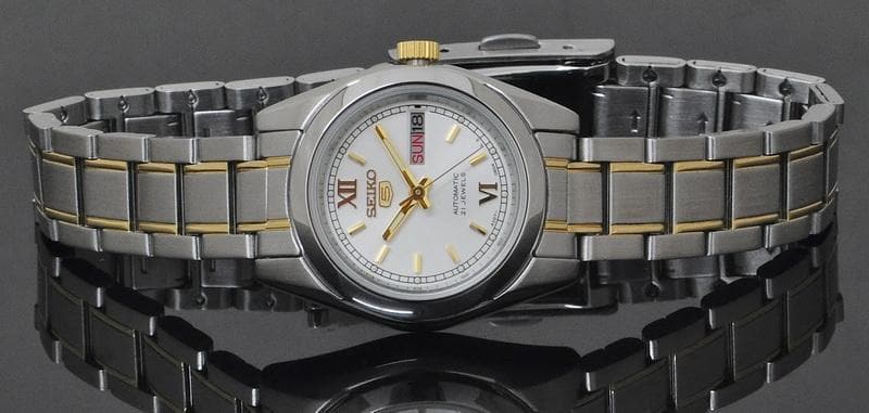 Seiko 5 Classic Ladies Size Silver Dial 2 Tone Gold Plated Stainless Steel Strap Watch SYMK29K1 - Diligence1International