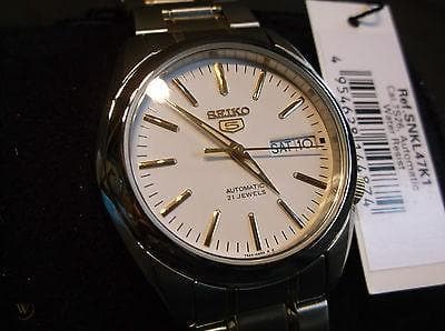 Seiko 5 Classic Mens Size White Dial 2 Tone Gold Plated Stainless Steel Strap Watch SNKL47K1 - Diligence1International