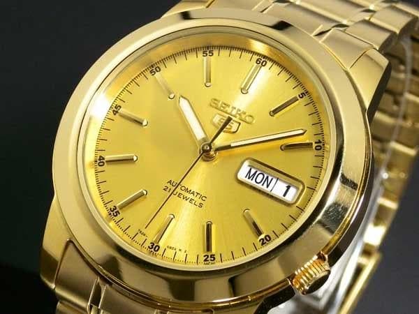 Seiko 5 Classic Mens Size Gold Dial & Plated Stainless Steel Strap Watch SNKE56K1 - Diligence1International