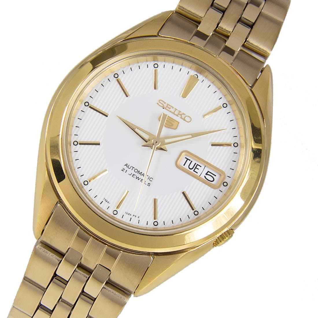 Seiko 5 Classic Mens Size White Dial Gold Plated Stainless Steel Strap Watch SNKL26K1 - Diligence1International