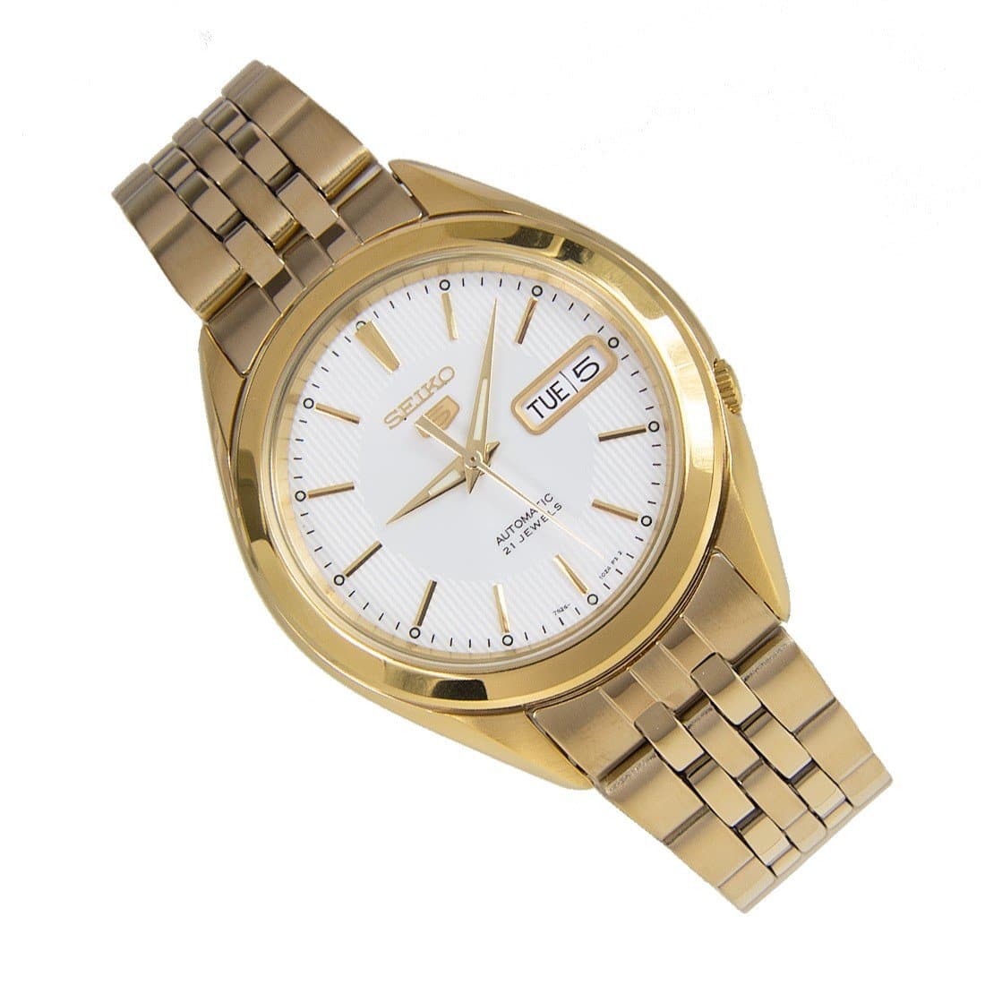 Seiko 5 Classic Mens Size White Dial Gold Plated Stainless Steel Strap Watch SNKL26K1 - Diligence1International