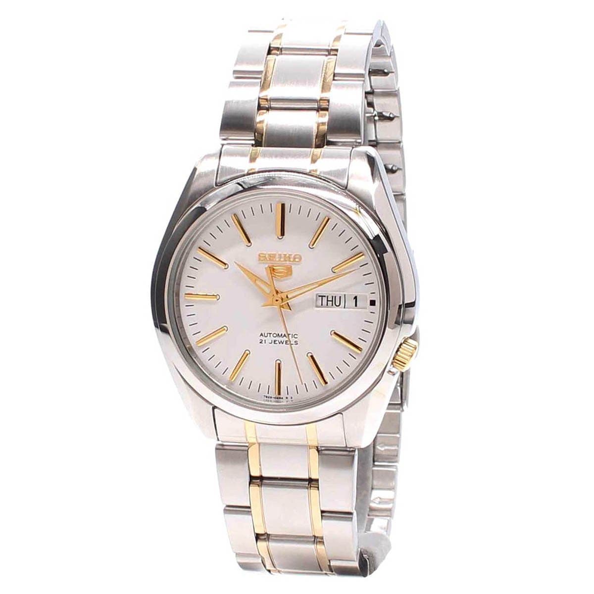 Seiko 5 Classic Mens Size White Dial 2 Tone Gold Plated Stainless Steel Strap Watch SNKL47K1 - Diligence1International