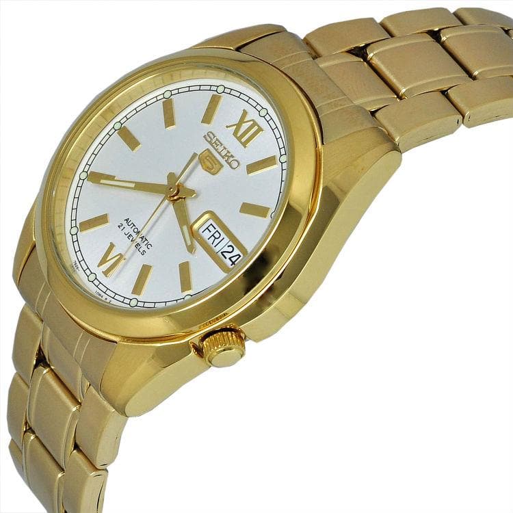 Seiko 5 Classic Mens Size White Dial Gold Plated Stainless Steel Strap Watch SNKL58K1 - Diligence1International