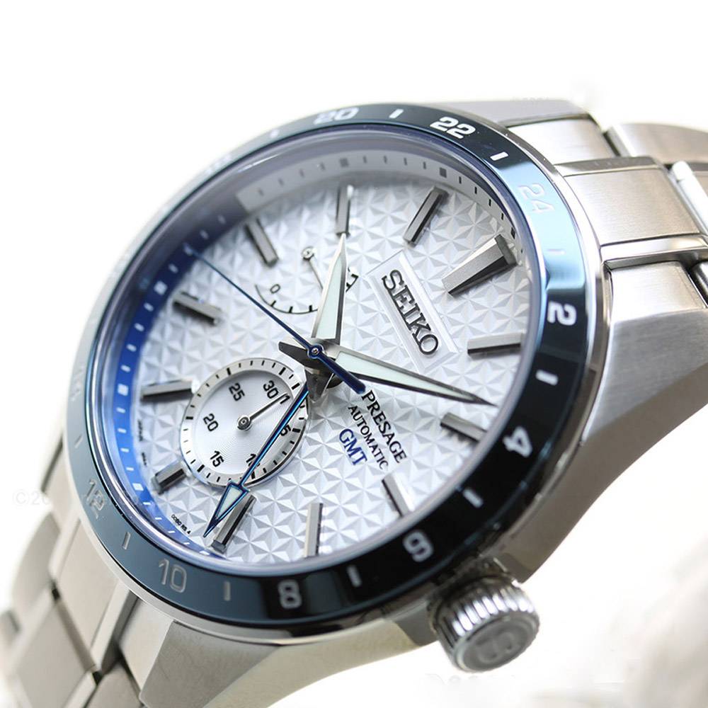Seiko Presage Sharp Edged Series Limited Edition Asanoha White GMT Men's Stainless Steel Watch SPB223J1