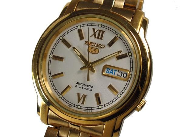 Seiko 5 Classic Mens Size White Dial Gold Plated Stainless Steel Strap Watch SNKK84K1 - Diligence1International