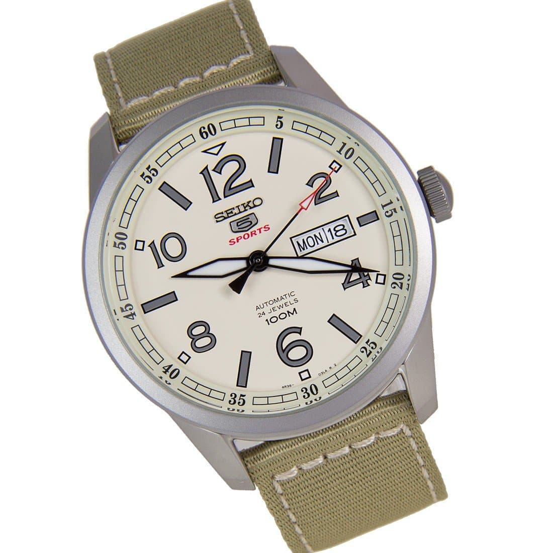 Seiko 5 Sports Military 100M Automatic Men's Watch Creme Tan Canvas Nylon Strap SRP635K1 - Diligence1International