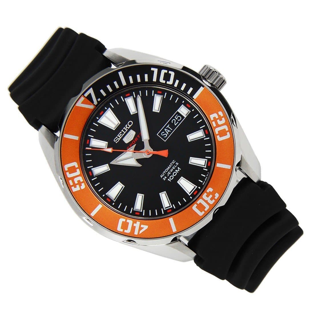 Seiko 5 Sports 100M Black Dial Orange Bezel Men's Rubber Strap Watch SRPC59K1 - Diligence1International