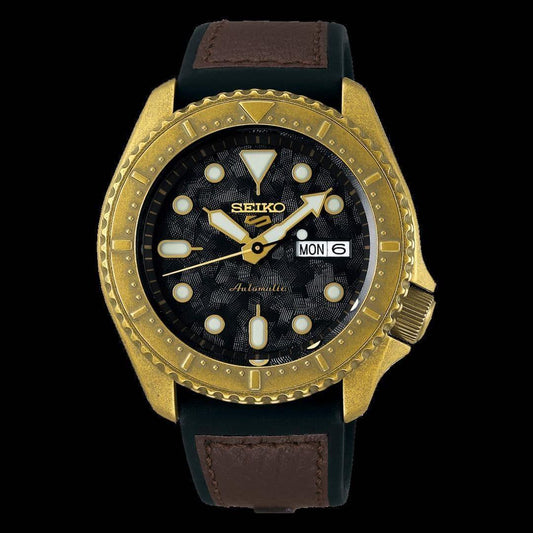 NEW Seiko 5 Sports 100M Automatic Men's Patterned Black Dial Bronze Plated Case Leather Strap Watch SRPE80K1 - Diligence1International