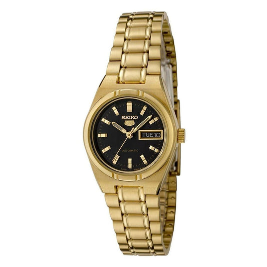 Seiko 5 Classic Ladies Size Black Dial Gold Plated Stainless Steel Strap Watch SYM602K1 - Diligence1International