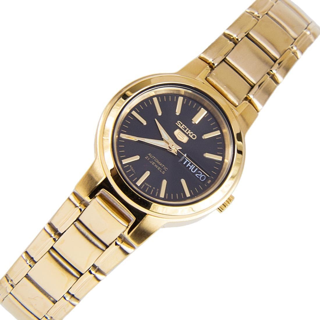 Seiko 5 Classic Ladies Size Black Dial Gold Plated Stainless Steel