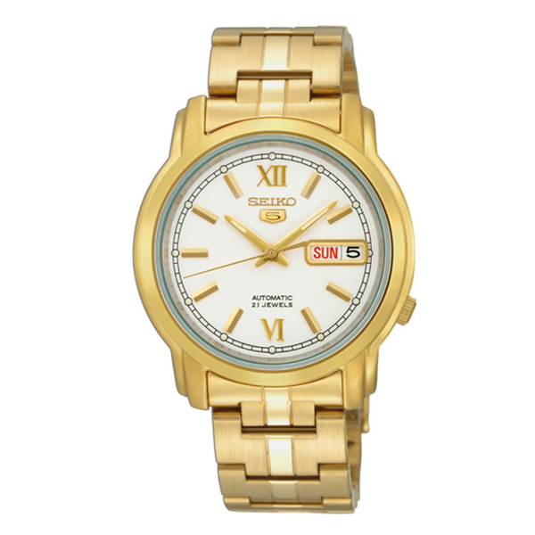 Seiko 5 Classic Mens Size White Dial Gold Plated Stainless Steel Strap Watch SNKK84K1 - Diligence1International