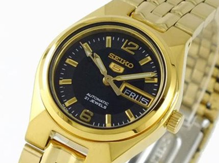 Seiko 5 Classic Ladies Size Black Dial Gold Plated Stainless Steel Strap Watch SYMK38K1 - Diligence1International